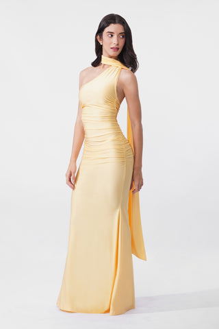 Cressida - Yellow Satin Scarf Maxi Dress