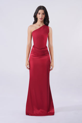 Jacqueline - Maroon One shoulder Maxi dress