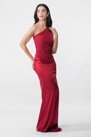 Jacqueline - Maroon One shoulder Maxi dress
