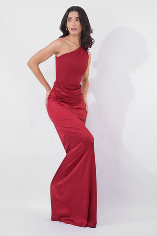 Jacqueline - Maroon One shoulder Maxi dress
