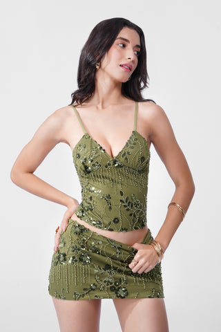 Lara - Hand Embellished Sequin Top in Green