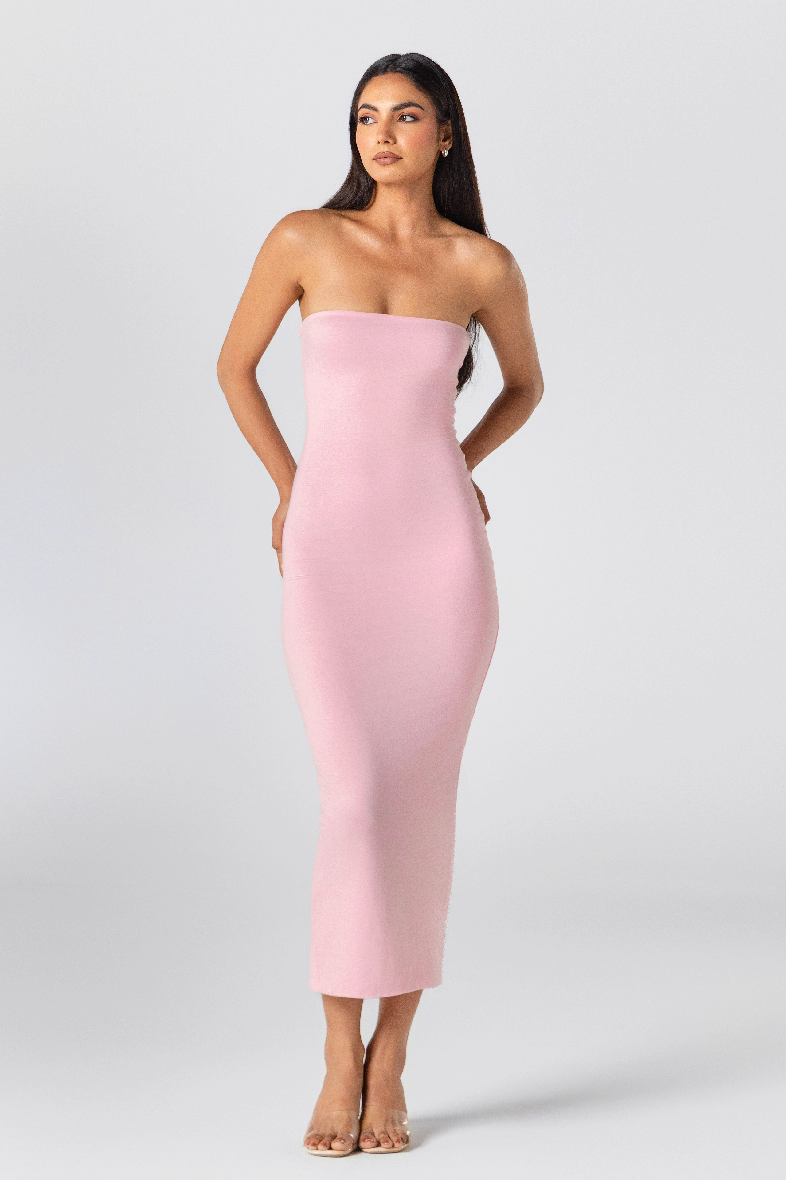 bandeau bodycon dress midi Champagne MissPap Satin Bandeau Bodycon Midi Dress